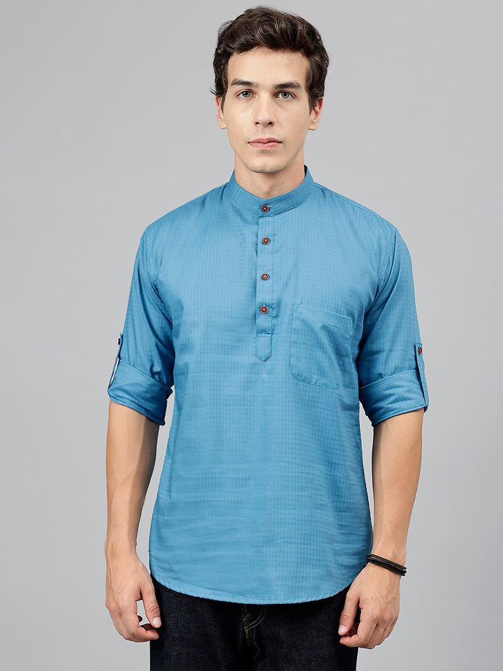 Men Blue Self Design Pure Cotton Roll Up Sleeve Slim Fit Casual Kurta