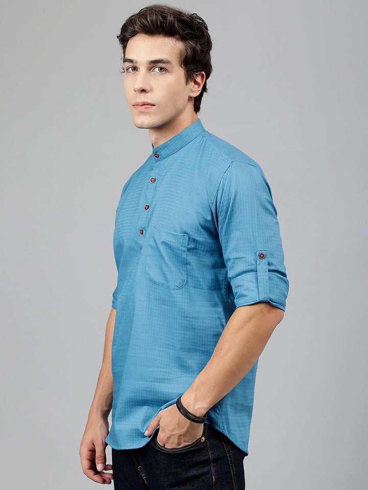 Men Blue Self Design Pure Cotton Roll Up Sleeve Slim Fit Casual Kurta