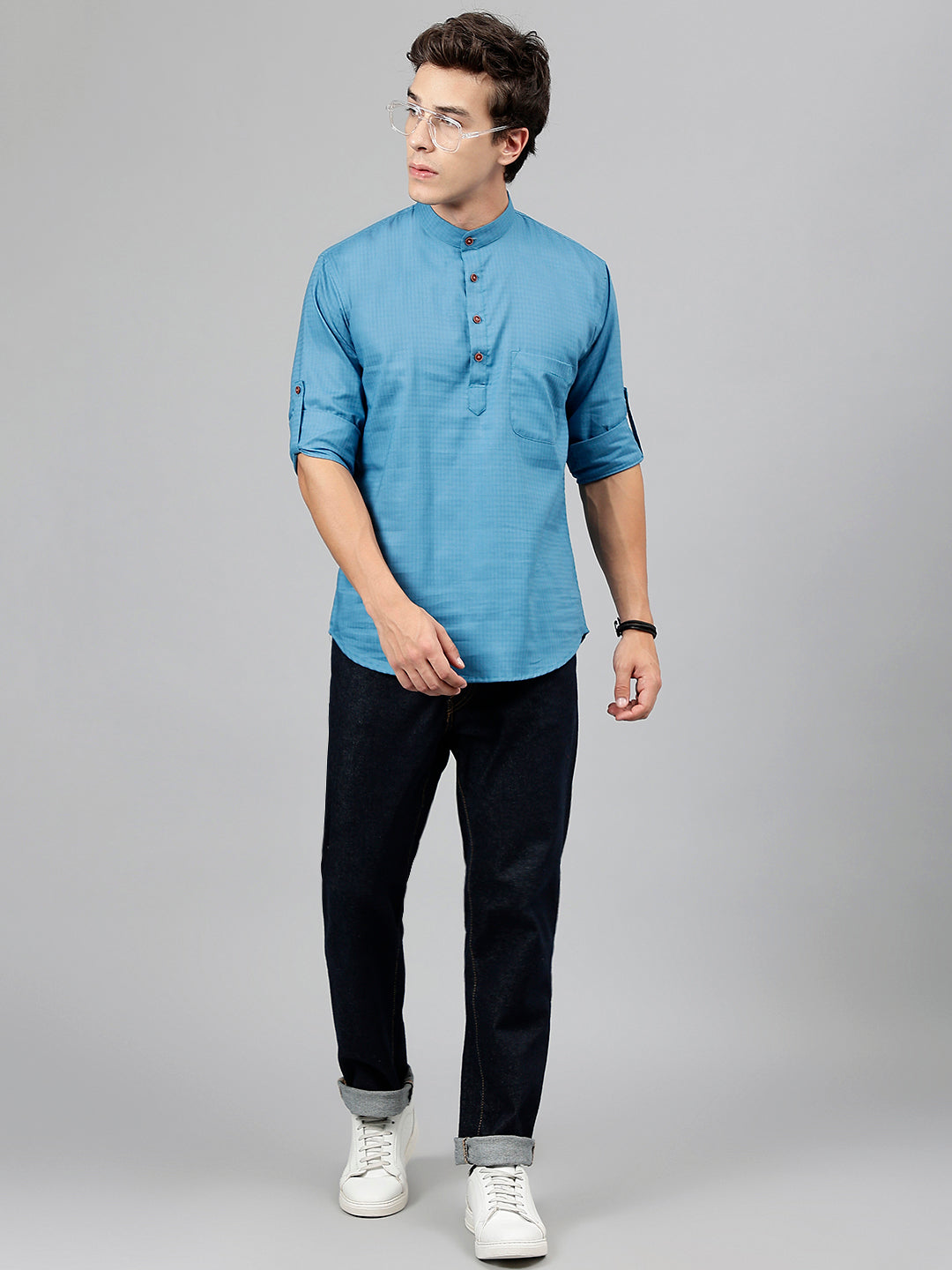 Men Blue Self Design Pure Cotton Roll Up Sleeve Slim Fit Casual Kurta