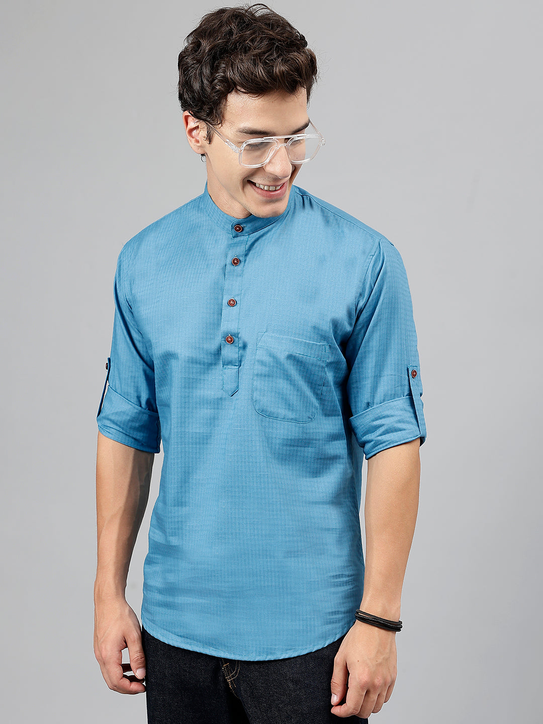 Men Blue Self Design Pure Cotton Roll Up Sleeve Slim Fit Casual Kurta