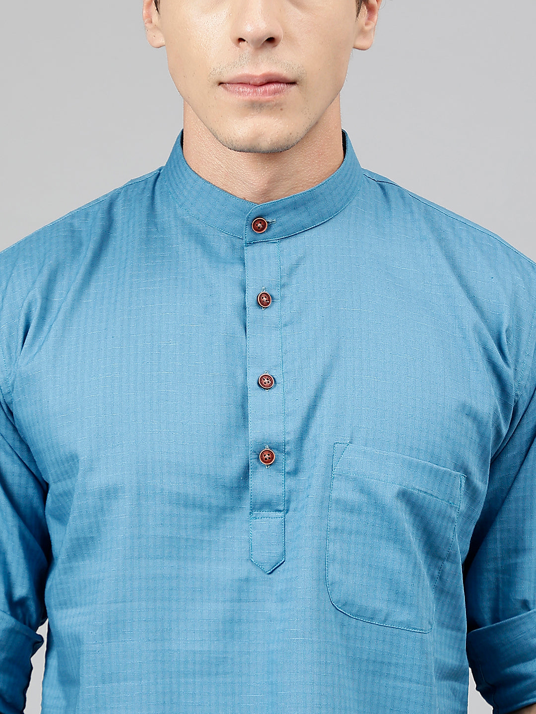 Men Blue Self Design Pure Cotton Roll Up Sleeve Slim Fit Casual Kurta