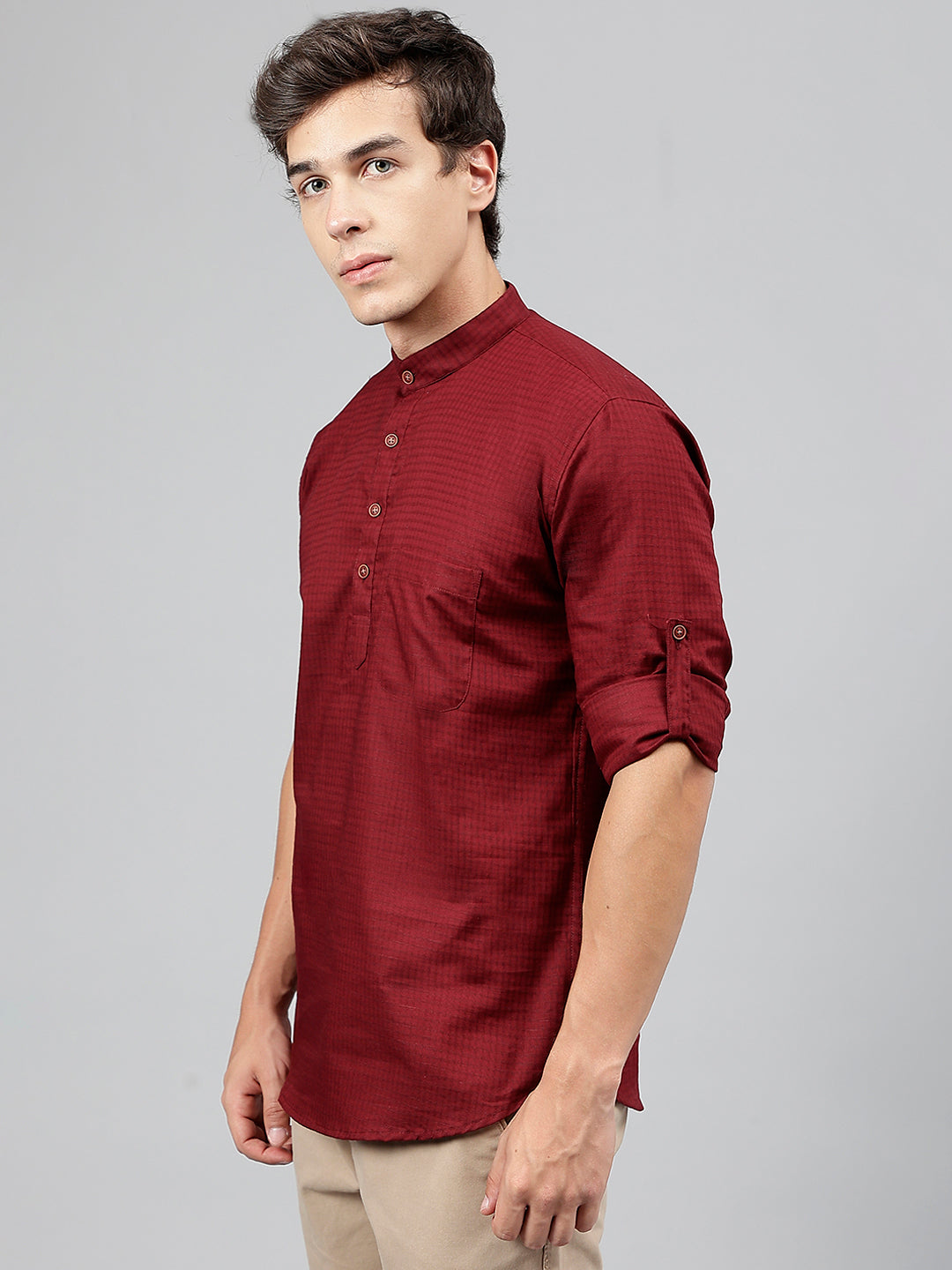 Men Burgundy Self Design Pure Cotton Roll Up Sleeve Slim Fit Casual Kurta