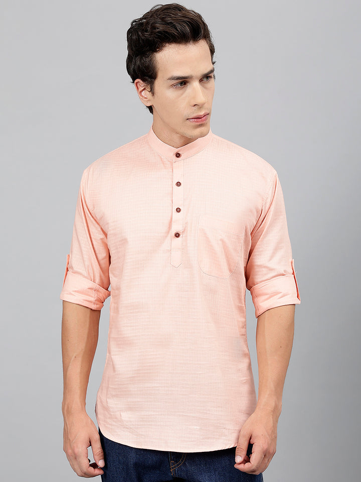 Men Coral Self Design Pure Cotton Roll Up Sleeve Slim Fit Casual Kurta