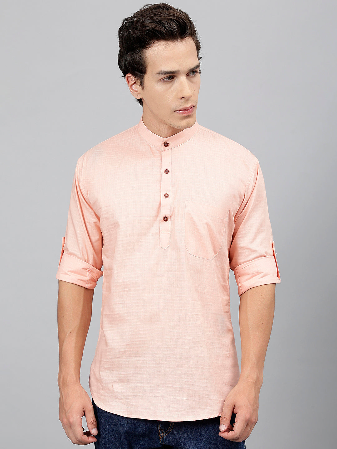 Men Coral Self Design Pure Cotton Roll Up Sleeve Slim Fit Casual Kurta