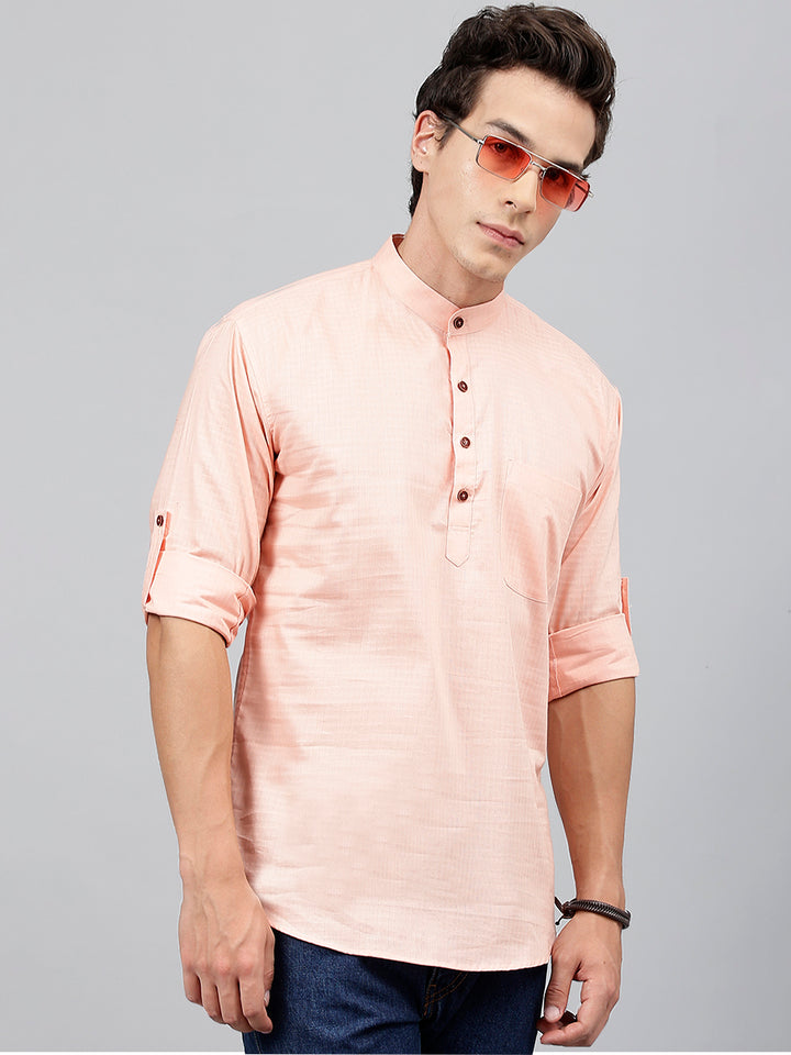 Men Coral Self Design Pure Cotton Roll Up Sleeve Slim Fit Casual Kurta