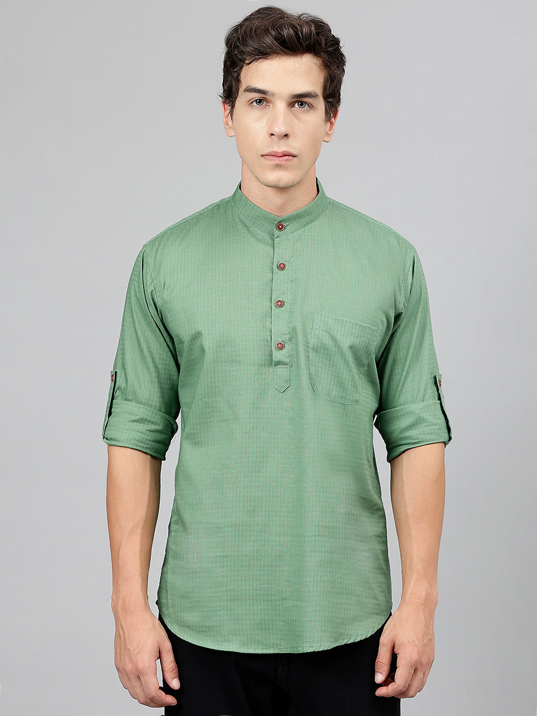 Men Green Self Design Pure Cotton Roll Up Sleeve Slim Fit Casual Kurta