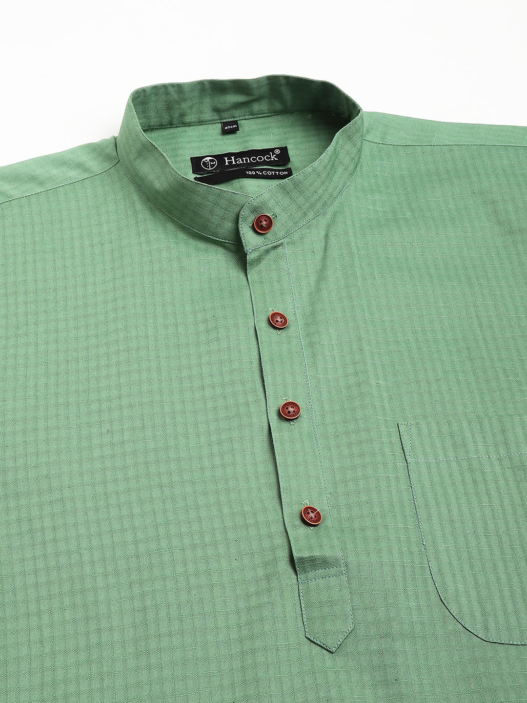 Men Green Self Design Pure Cotton Roll Up Sleeve Slim Fit Casual Kurta