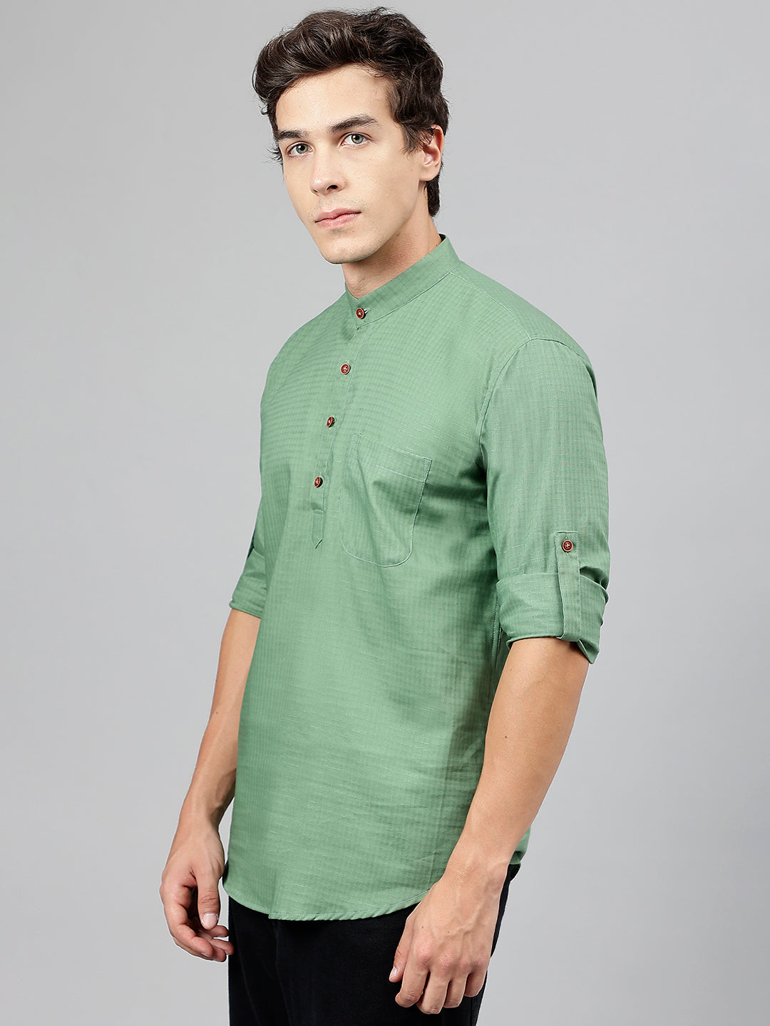 Men Green Self Design Pure Cotton Roll Up Sleeve Slim Fit Casual Kurta