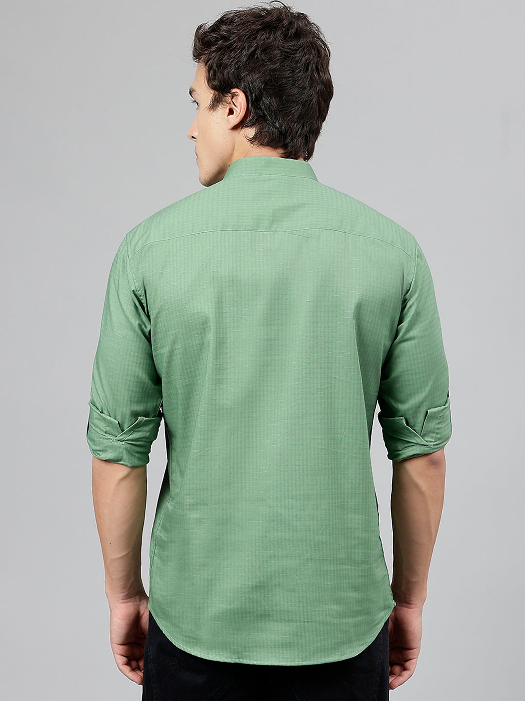 Men Green Self Design Pure Cotton Roll Up Sleeve Slim Fit Casual Kurta