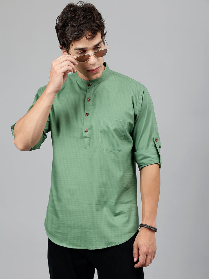 Men Green Self Design Pure Cotton Roll Up Sleeve Slim Fit Casual Kurta