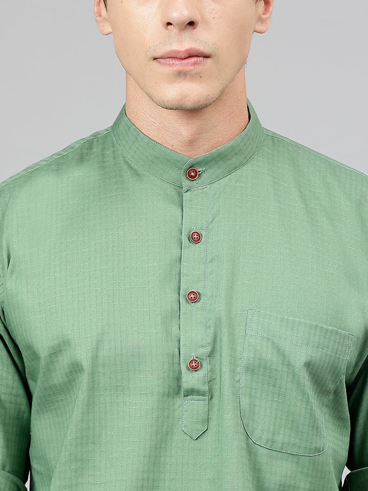 Men Green Self Design Pure Cotton Roll Up Sleeve Slim Fit Casual Kurta