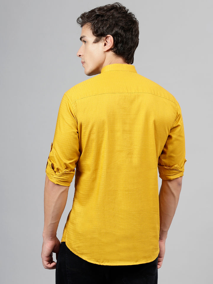 Men Mustard Self Design Pure Cotton Roll Up Sleeve Slim Fit Casual Kurta