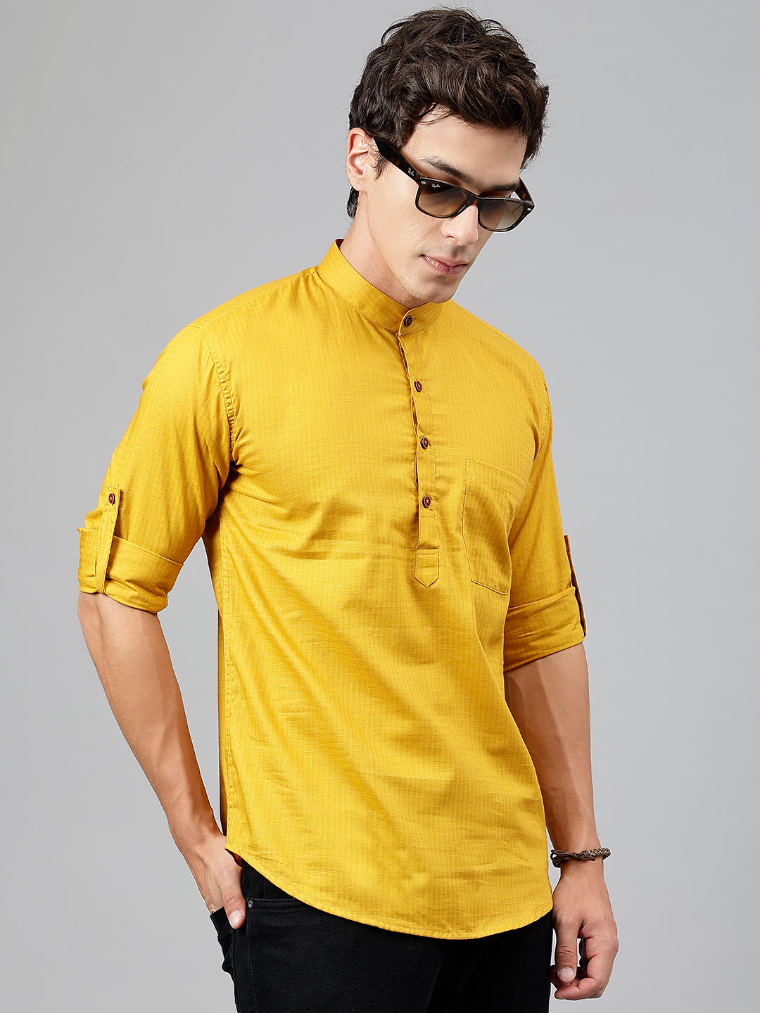 Men Mustard Self Design Pure Cotton Roll Up Sleeve Slim Fit Casual Kurta