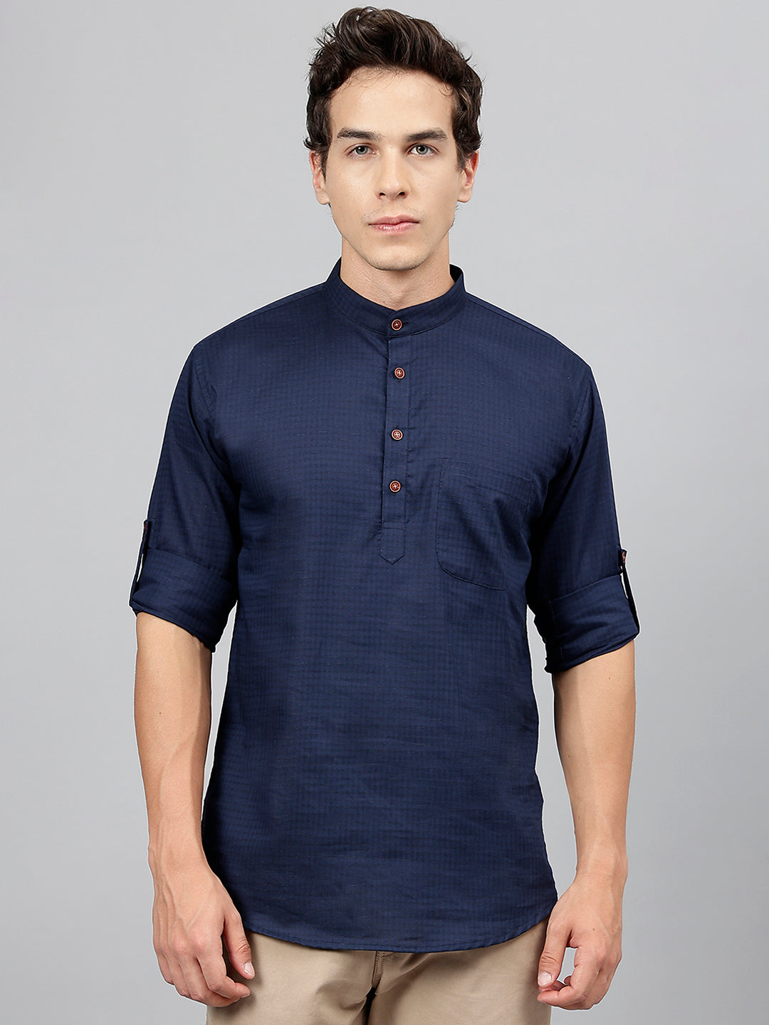 Men Navy Self Design Pure Cotton Roll Up Sleeve Slim Fit Casual Kurta