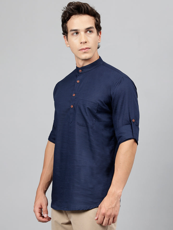 Men Navy Self Design Pure Cotton Roll Up Sleeve Slim Fit Casual Kurta