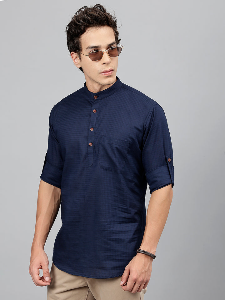 Men Navy Self Design Pure Cotton Roll Up Sleeve Slim Fit Casual Kurta