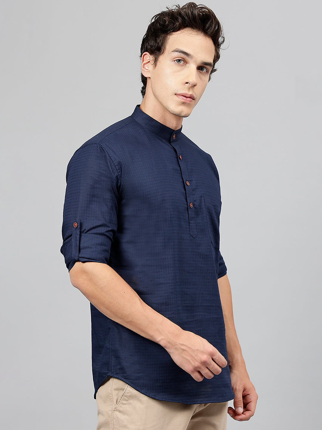 Men Navy Self Design Pure Cotton Roll Up Sleeve Slim Fit Casual Kurta