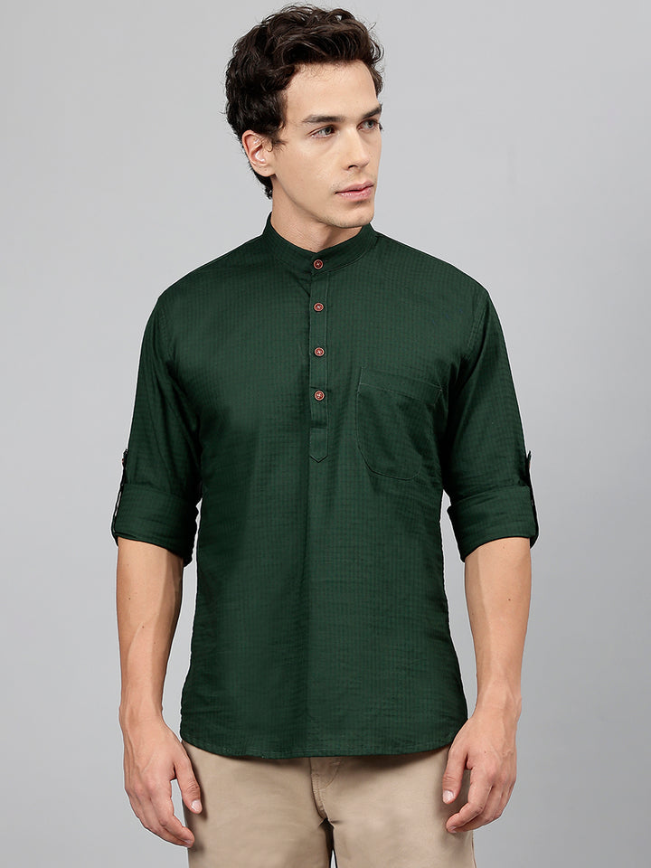 Men Olive Self Design Pure Cotton Roll Up Sleeve Slim Fit Casual Kurta