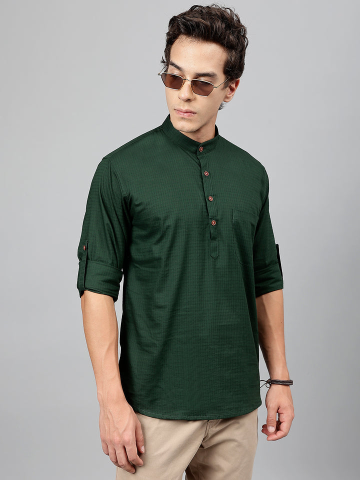 Men Olive Self Design Pure Cotton Roll Up Sleeve Slim Fit Casual Kurta