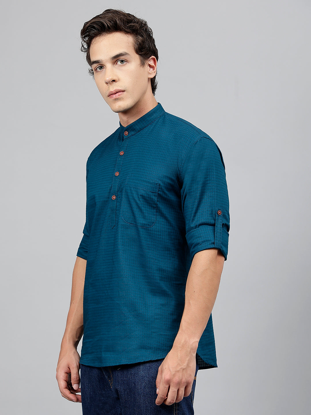 Men Turquoise Self Design Pure Cotton Roll Up Sleeve Slim Fit Casual Kurta