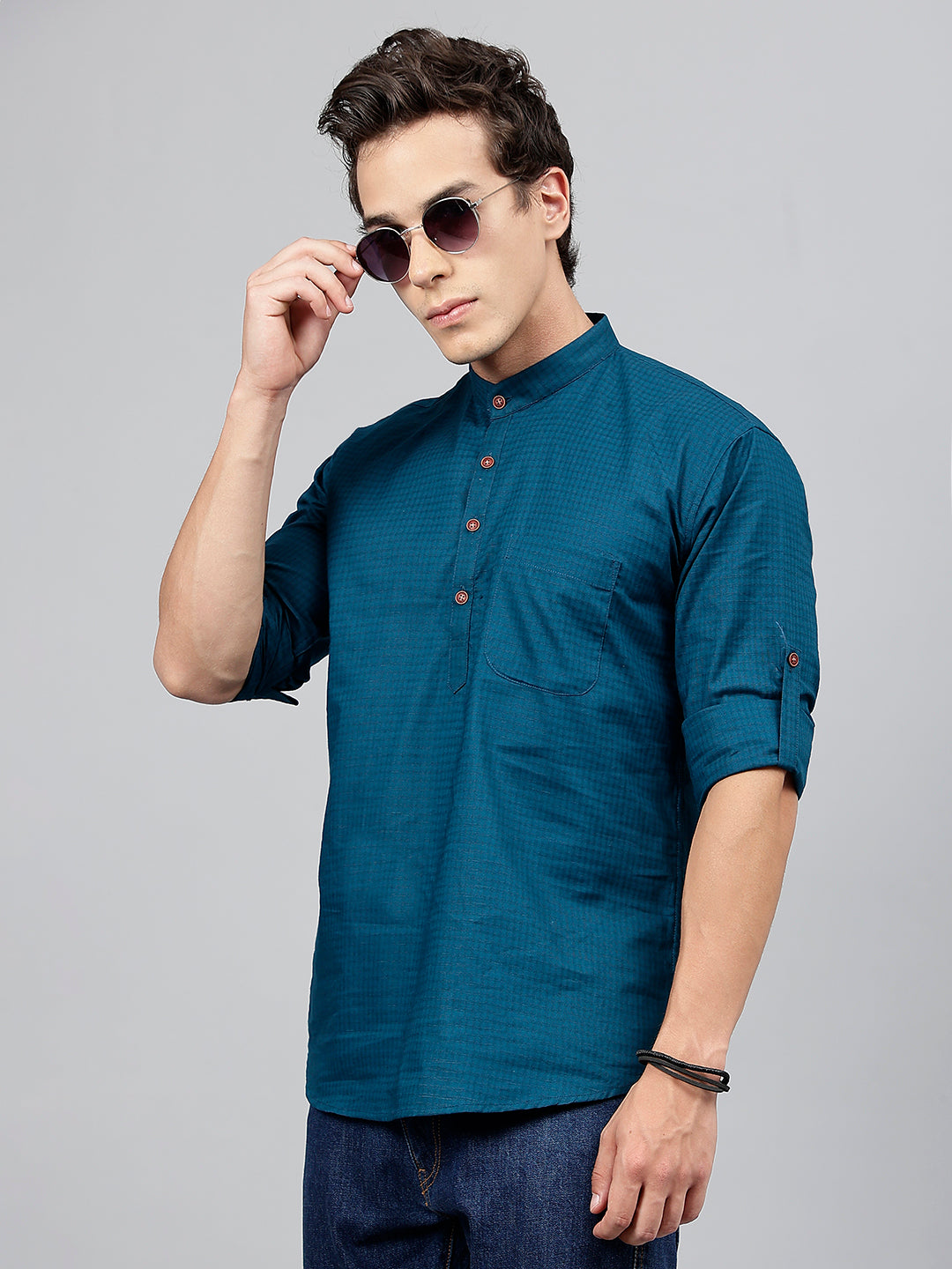 Men Turquoise Self Design Pure Cotton Roll Up Sleeve Slim Fit Casual Kurta