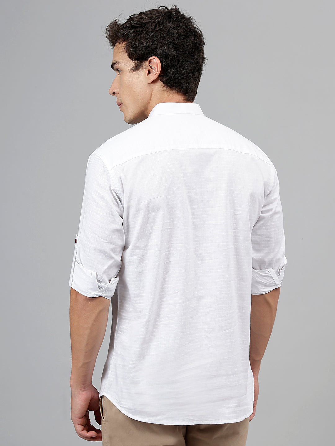 Men White Self Design Pure Cotton Roll Up Sleeve Slim Fit Casual Kurta