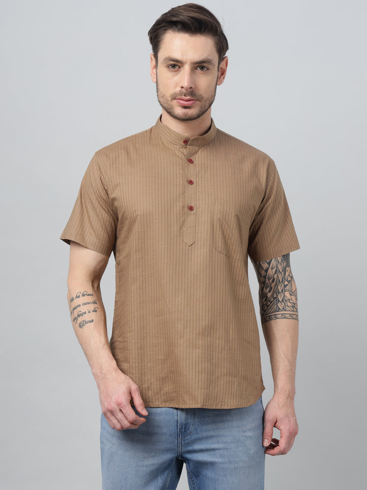 Hancock Men Khaki Stripe Mandarin Collar Slim Fit Casual Kurta