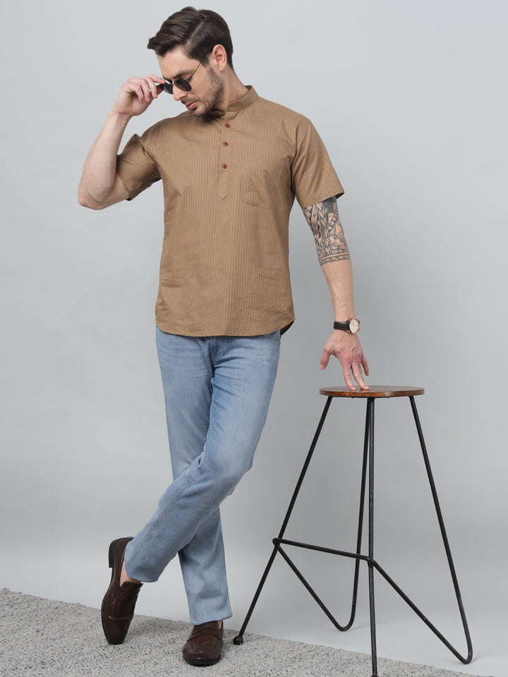 Hancock Men Khaki Stripe Mandarin Collar Slim Fit Casual Kurta