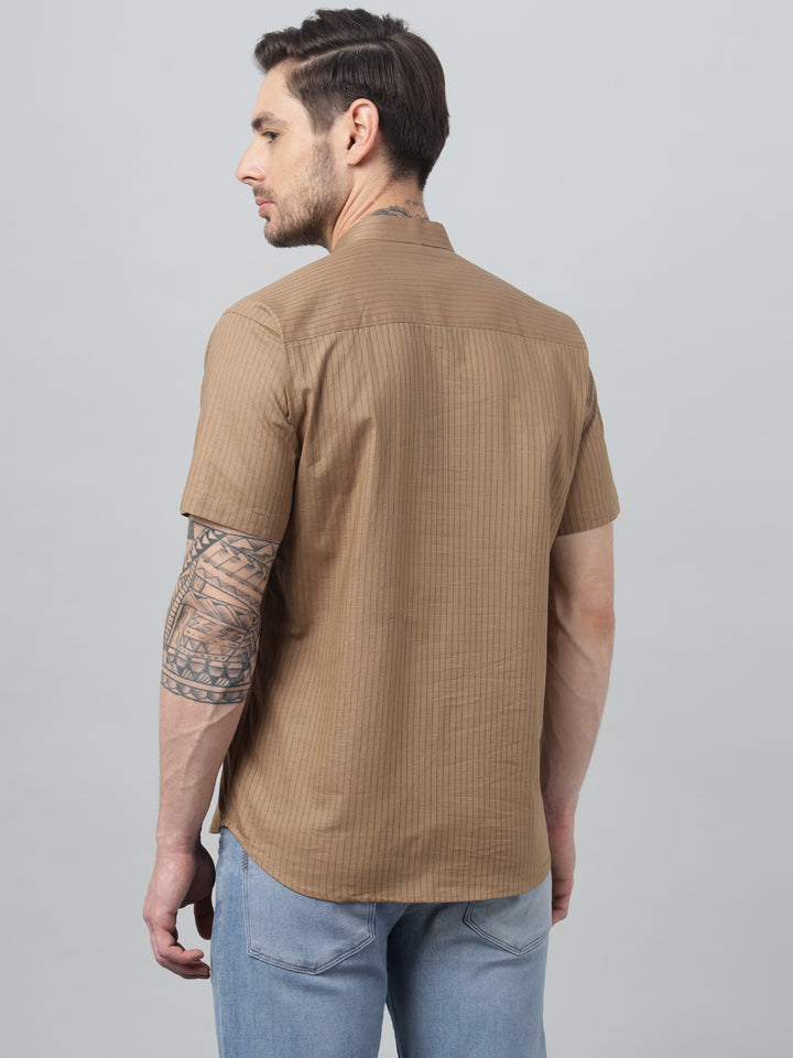 Hancock Men Khaki Stripe Mandarin Collar Slim Fit Casual Kurta