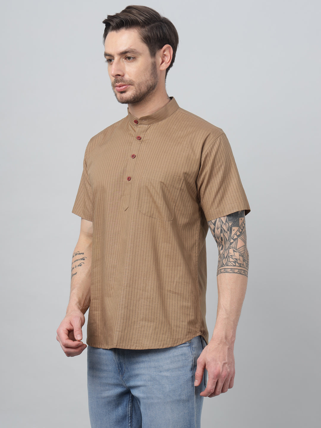 Hancock Men Khaki Stripe Mandarin Collar Slim Fit Casual Kurta