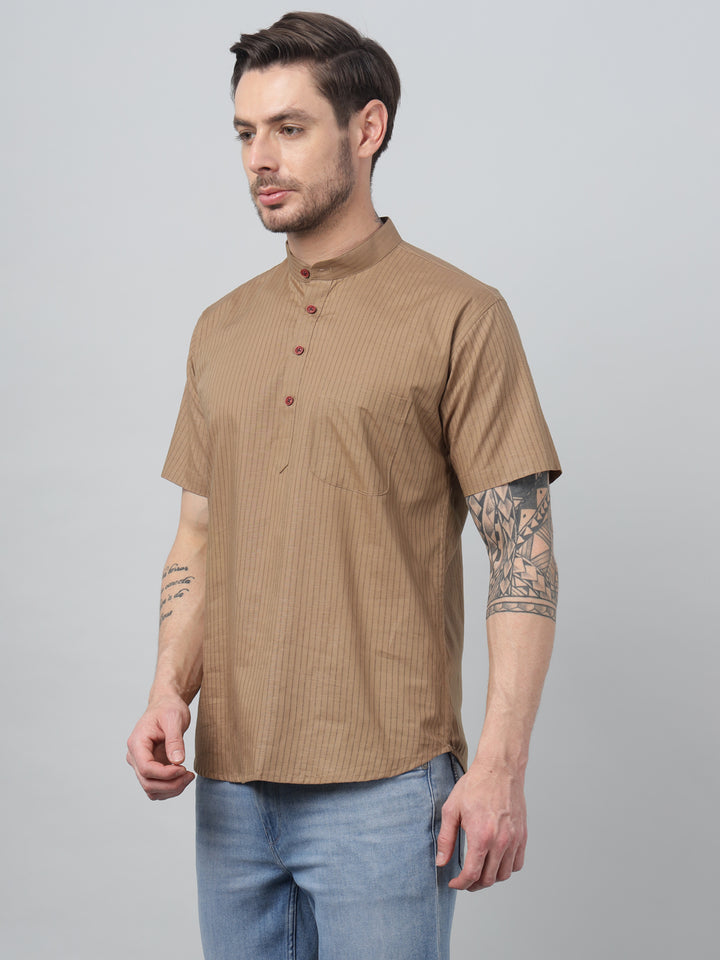 Hancock Men Khaki Stripe Mandarin Collar Slim Fit Casual Kurta