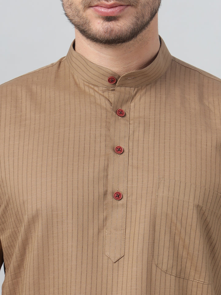 Hancock Men Khaki Stripe Mandarin Collar Slim Fit Casual Kurta