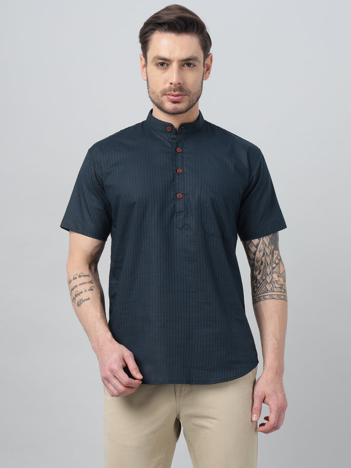Hancock Men Navy Blue Stripe Mandarin Collar Slim Fit Casual Kurta