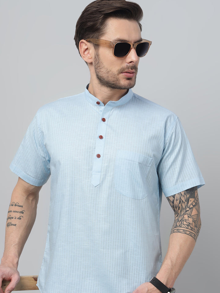 Hancock Men Sky Blue Stripe Mandarin Collar Slim Fit Casual Kurta