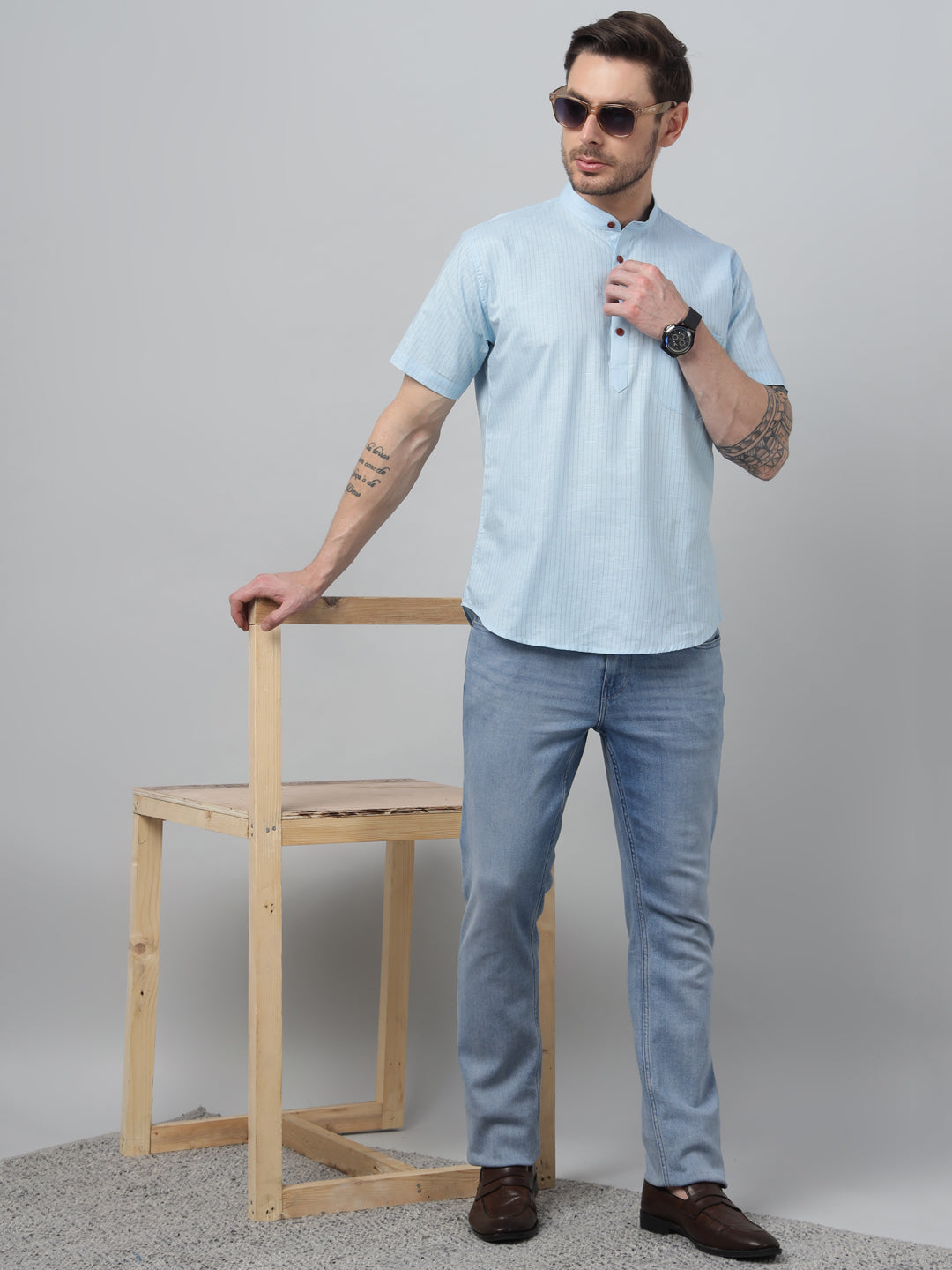 Hancock Men Sky Blue Stripe Mandarin Collar Slim Fit Casual Kurta