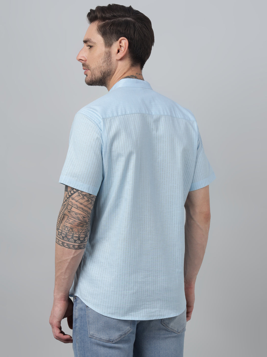 Hancock Men Sky Blue Stripe Mandarin Collar Slim Fit Casual Kurta
