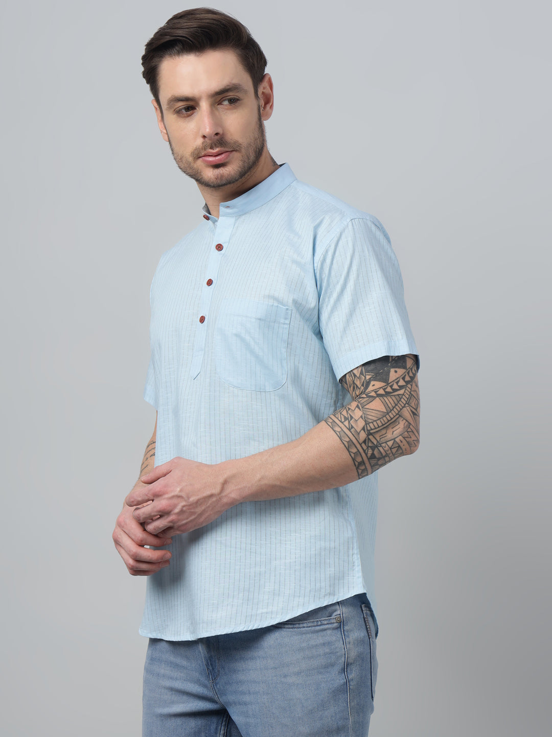 Hancock Men Sky Blue Stripe Mandarin Collar Slim Fit Casual Kurta