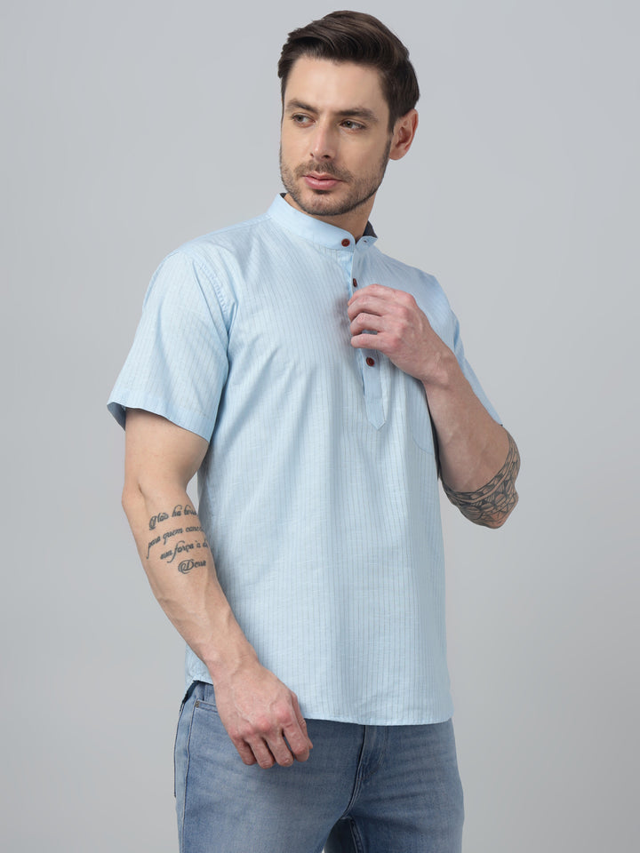 Hancock Men Sky Blue Stripe Mandarin Collar Slim Fit Casual Kurta
