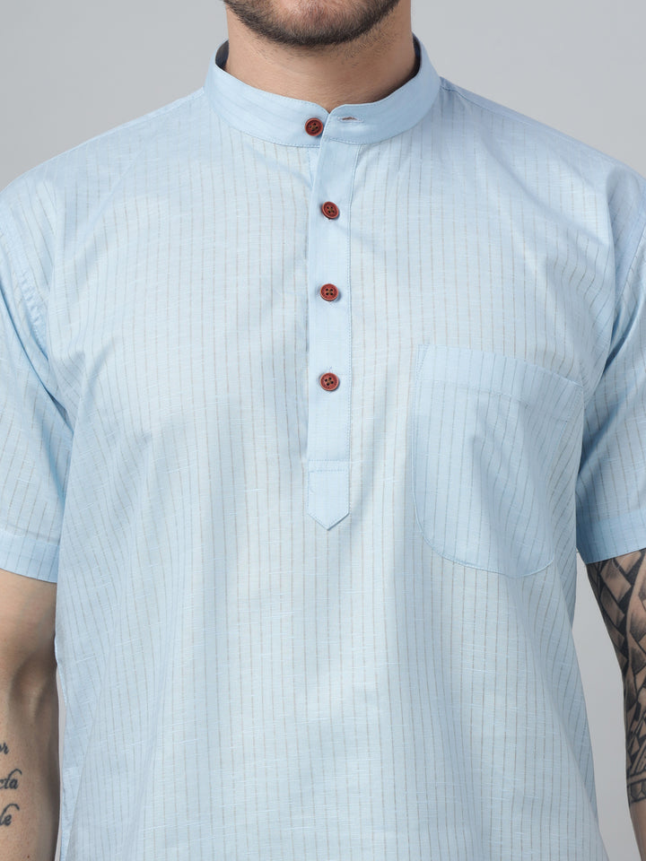 Hancock Men Sky Blue Stripe Mandarin Collar Slim Fit Casual Kurta