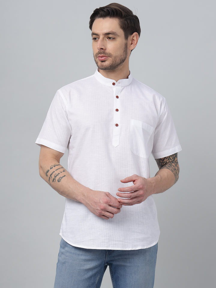 Hancock Men White Stripe Mandarin Collar Slim Fit Casual Kurta