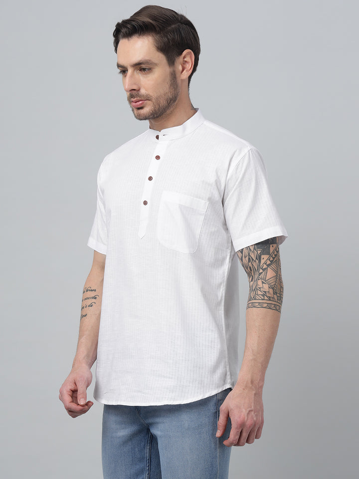 Hancock Men White Stripe Mandarin Collar Slim Fit Casual Kurta