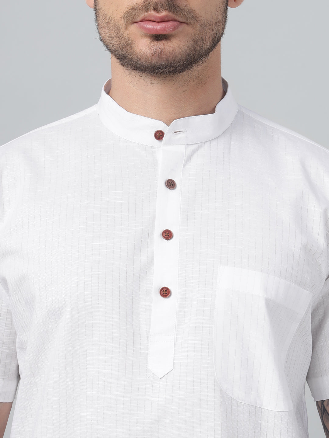 Hancock Men White Stripe Mandarin Collar Slim Fit Casual Kurta