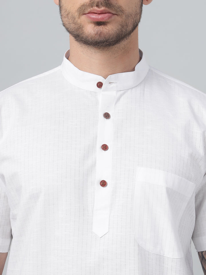 Hancock Men White Stripe Mandarin Collar Slim Fit Casual Kurta