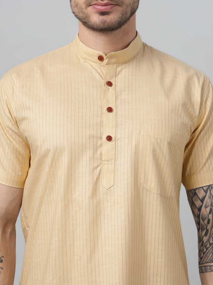 Hancock Men Yellow Stripe Mandarin Collar Slim Fit Casual Kurta