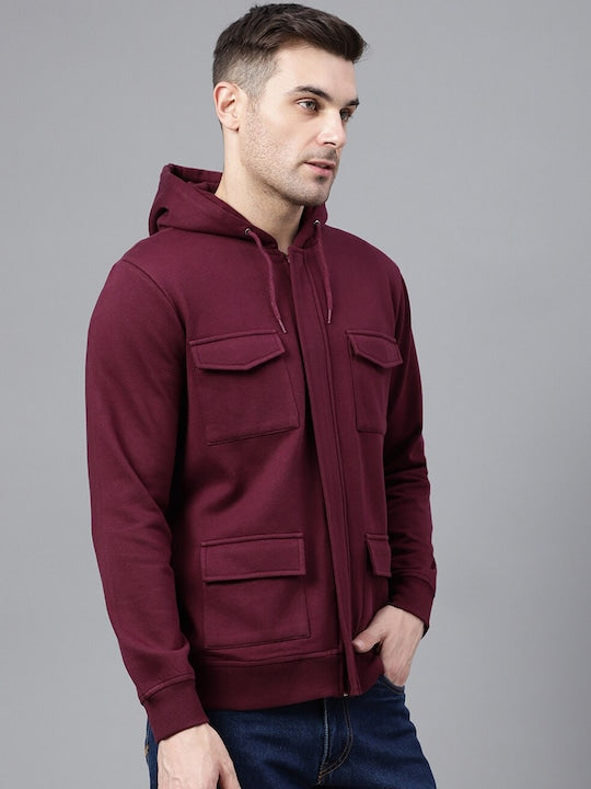 Men Burgundy Solid Full Zipper Cargo Pocket Long Sleeves Fleece Hooded Sweatshirt