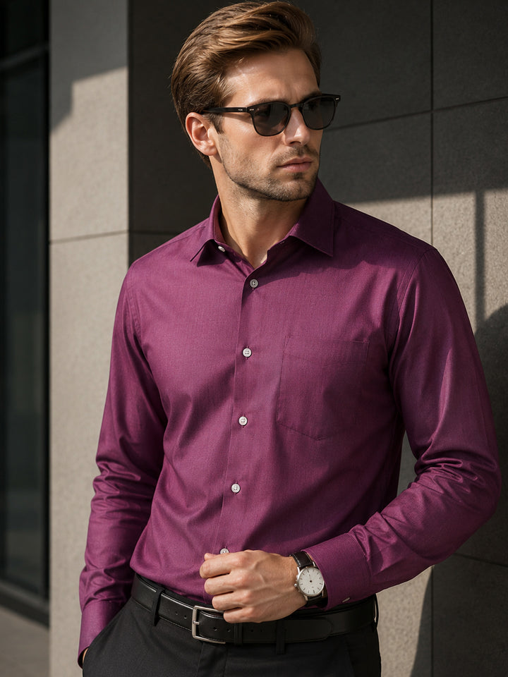 Hancock Men Purple Solid Pure Cotton Slim Fit Party Shirt