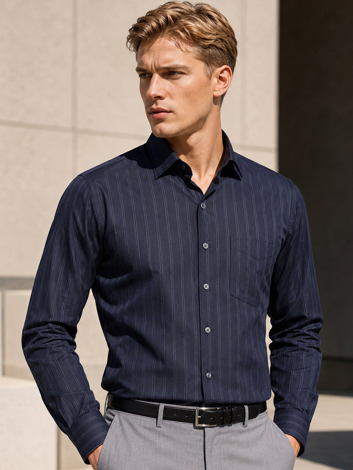 Men Navy Blue Striped Pure Cotton Slim Fit Formal Shirt