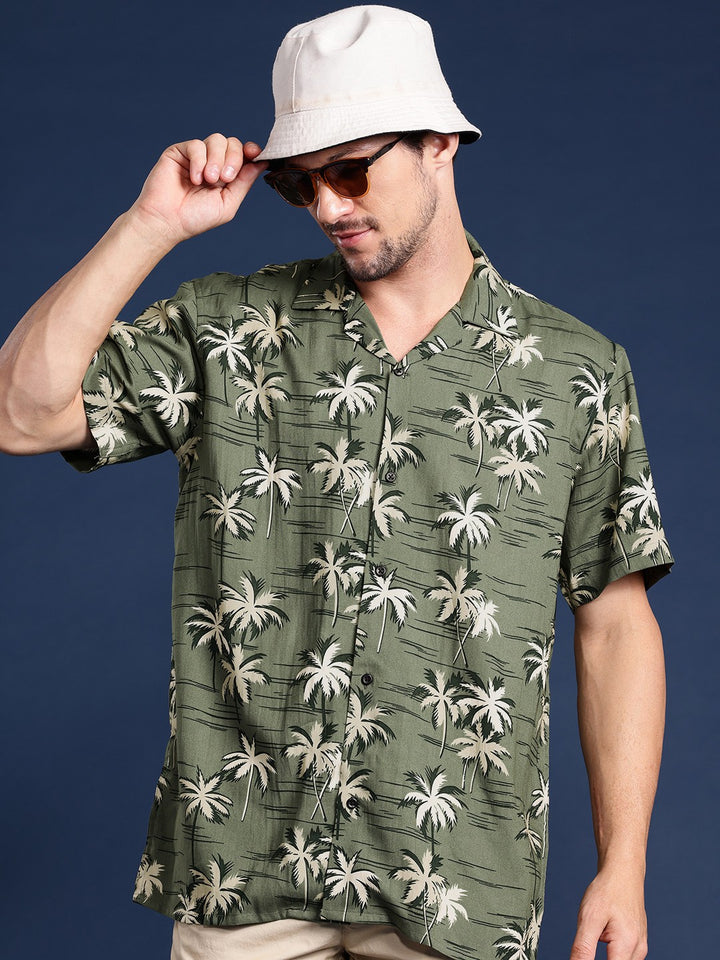 Men Olive-Beige Printed Viscose Rayon Relaxed Fit Casual Shirt