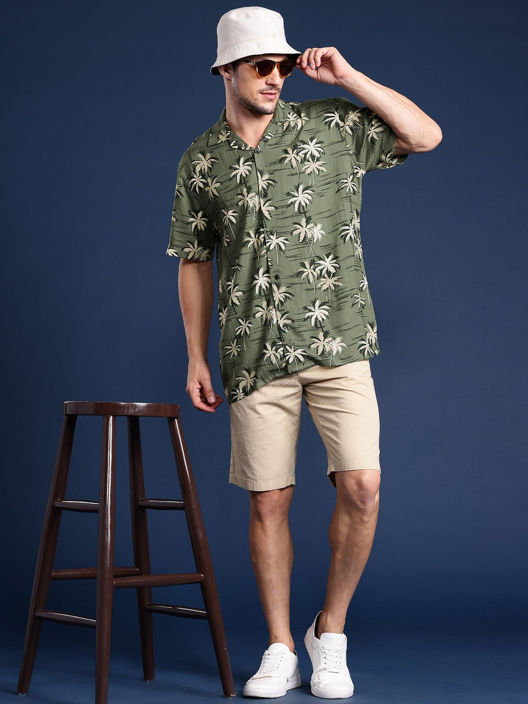 Men Olive-Beige Printed Viscose Rayon Relaxed Fit Casual Shirt