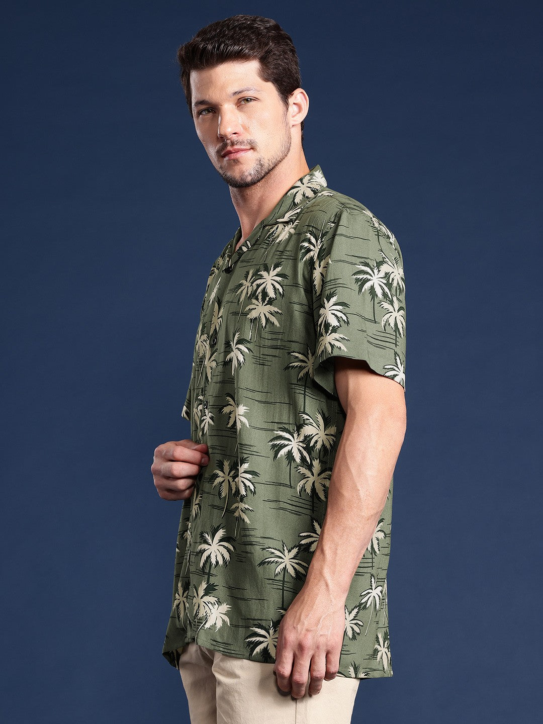 Men Olive-Beige Printed Viscose Rayon Relaxed Fit Casual Shirt